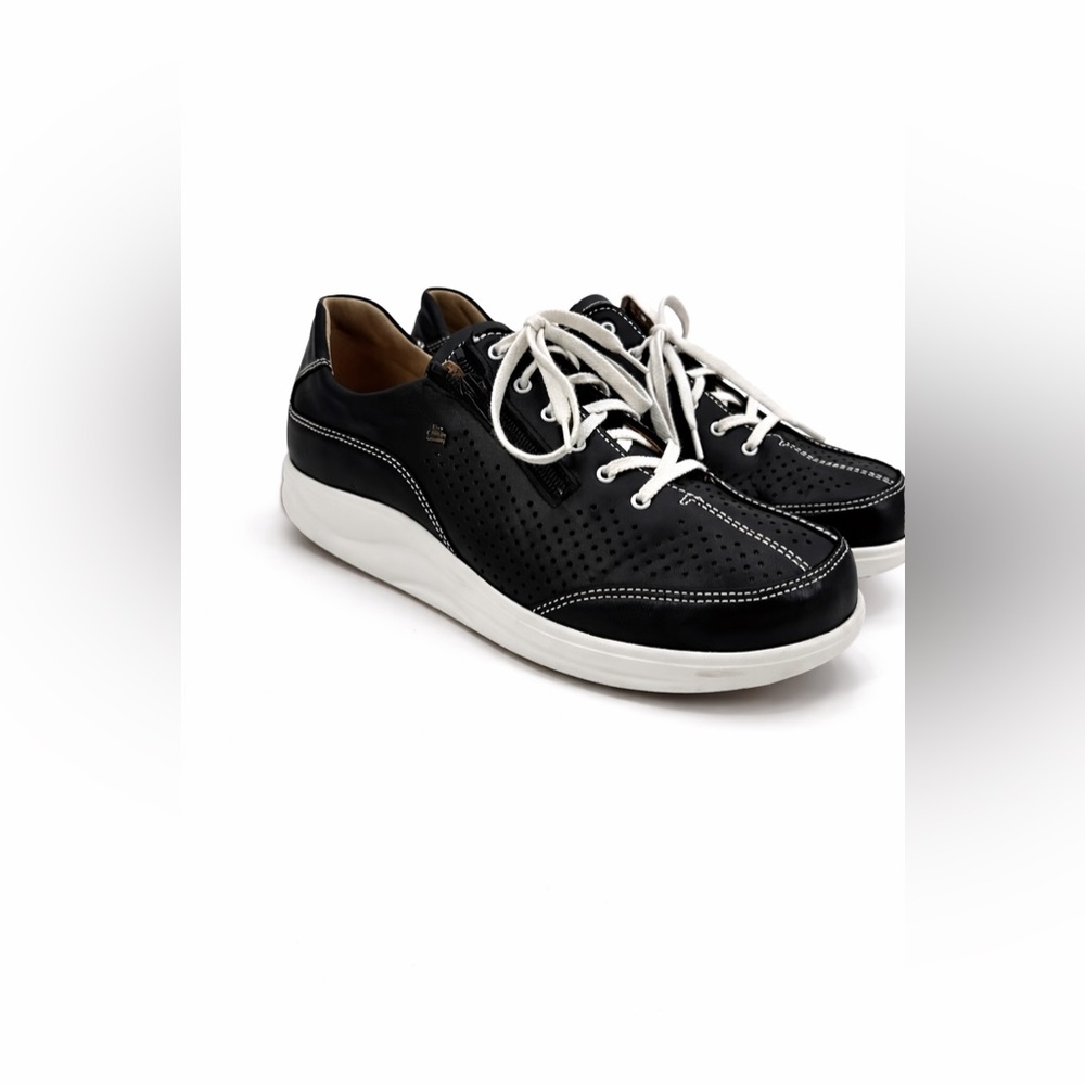 Finn Comfort Black Leather Sneakers Comfort Walking Shoes Lace-Up Perforated - Picture 2 of 16